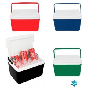Hielera plástica de doble pared con asa superior y capacidad para 6 latas de 355 ml.